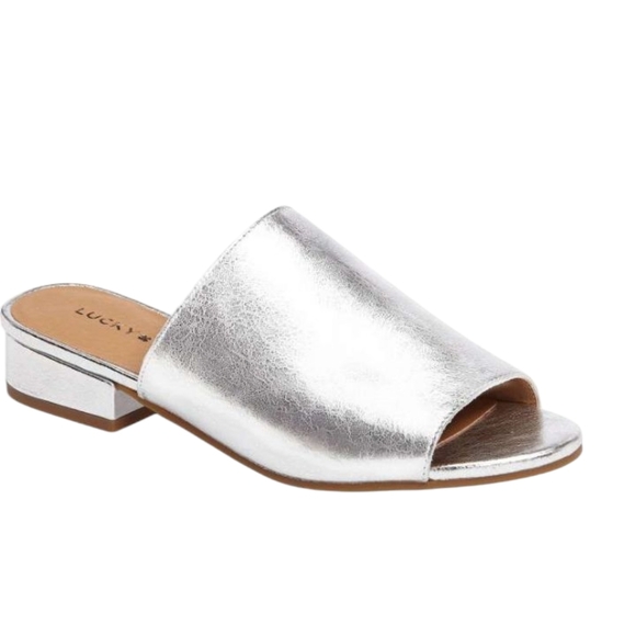 Lucky Brand Florent Peep Toe Slide On Heejed Mule Silver Leather Size 8 - Picture 1 of 8